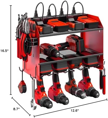 CCCEI Modular Power Tool Organizer Wall Mount with Charging Station. Garage Drill Storage Shelf with Hooks, Heavy Duty Rack, Tool Battery Holder Built in 8 Outlet. Gift for Men. Red, 1 Pack.