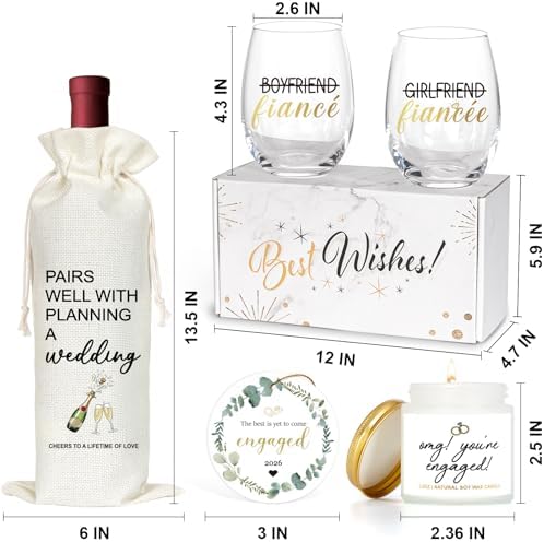 Engagement Gifts For Couples, Newly Engaged Fiance Gifts For Her Him Women Men, Future Mrs Just Enagaed Wine Glasses Bag Set With Candle And Ornament, Cool Wedding Party Decorations for Bride To Be