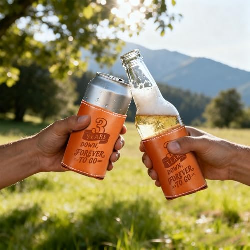 Leather 3rd Anniversary Wedding Gifts for Him Men, 3rd Anniversary Engagement Gift for Husband Dad Grandpa, 3 Year Leather Presents, Leathe r Can Cooler for Mens 12Oz, 3 Year Anniversary items