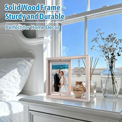 Wedding Gifts for Couples 360 Rotating Double-Sided Picture Frame with Honeymoon Sand Keepsake Jar, Holds Two 4×6 Photos, Ideal for Bridal Shower, Mr & Mrs Engagement and Newlywed Gift Set (Let the adventure begin-White)