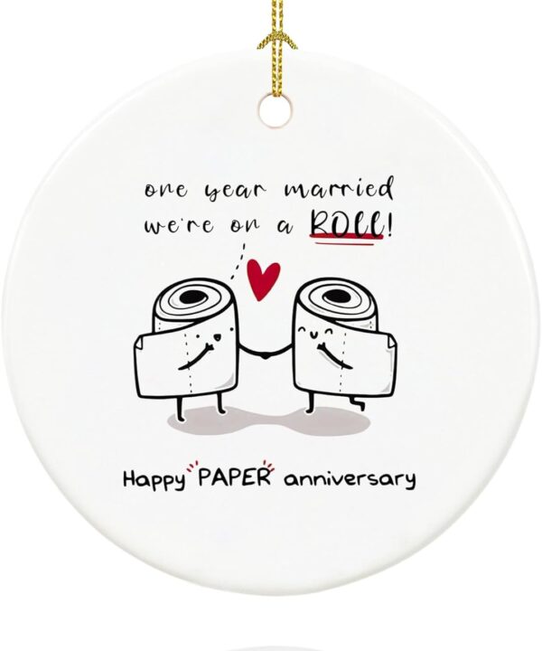 1st Year Paper Anniversary Ornament Gifts for Couple, First Wedding for 1 Year Mr and Mrs Gifts, Ceramic Keepsake First Anniversary Christmas Ornaments with Ribbon and Box