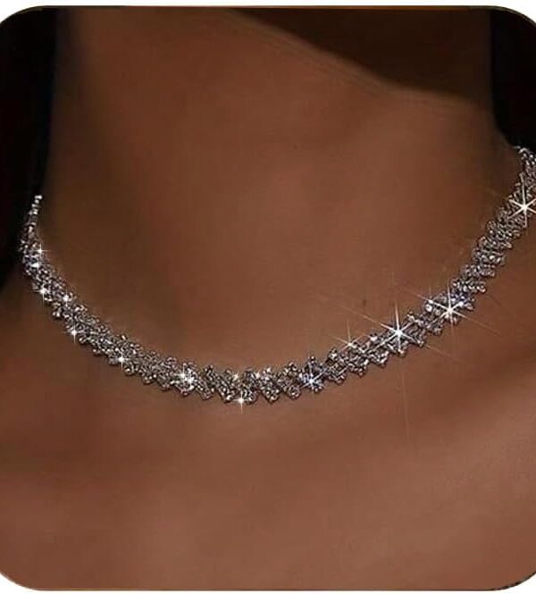 Ronglry Rhinestone Choker Necklace for Women Silver Diamond Choker Necklaces for Women Sparkly Crystal Rhinestone Necklace for Women Silver Chokers for Women Party Prom Wedding Jewelry Accessories