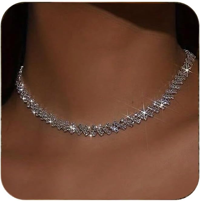Ronglry Rhinestone Choker Necklace for Women Silver Diamond Choker Necklaces for Women Sparkly Crystal Rhinestone Necklace for Women Silver Chokers for Women Party Prom Wedding Jewelry Accessories