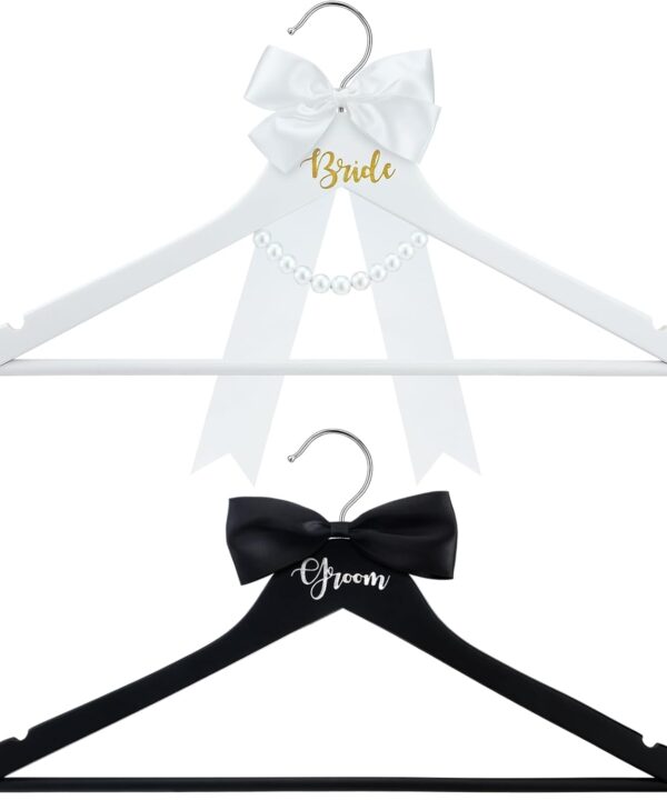 2 Pack Bride Hanger Groom Hanger Wedding Hangers with Ribbon Bow for Wedding Dress Suit Bride Gift(Black and White,Classic)