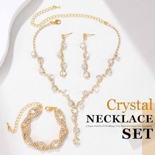 Sixexey Rhinestone Jewelry Set Sparkly Prom Jewelry Necklace Wedding Necklace Jewelry Accessories for Women (Gold)