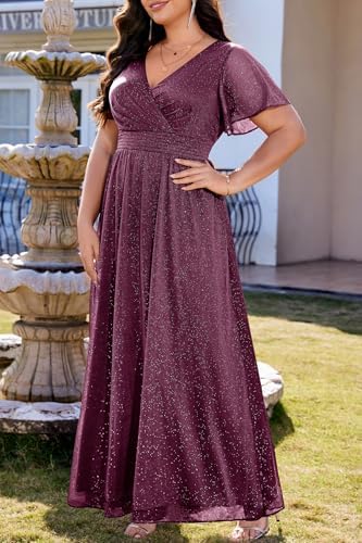 Plus Size Formal Dresses – V Neck Flutter Sleeve Glitter Prom Evening Gowns Wedding Guest Chiffon Long Maxi Dress