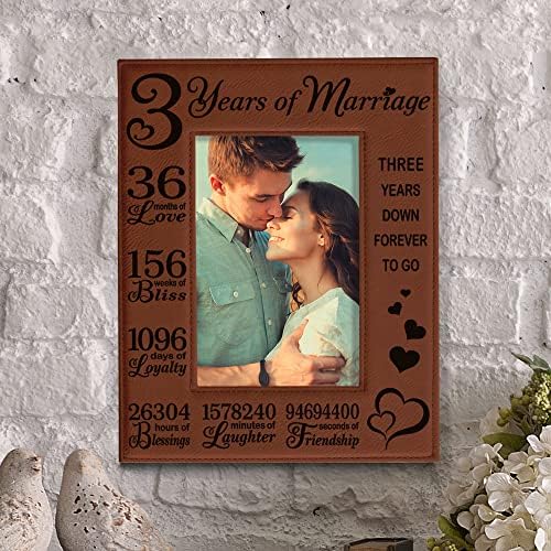 KATE POSH 3rd Anniversary Engraved Rawhide Leather Picture Frame (4×6-Vertical)