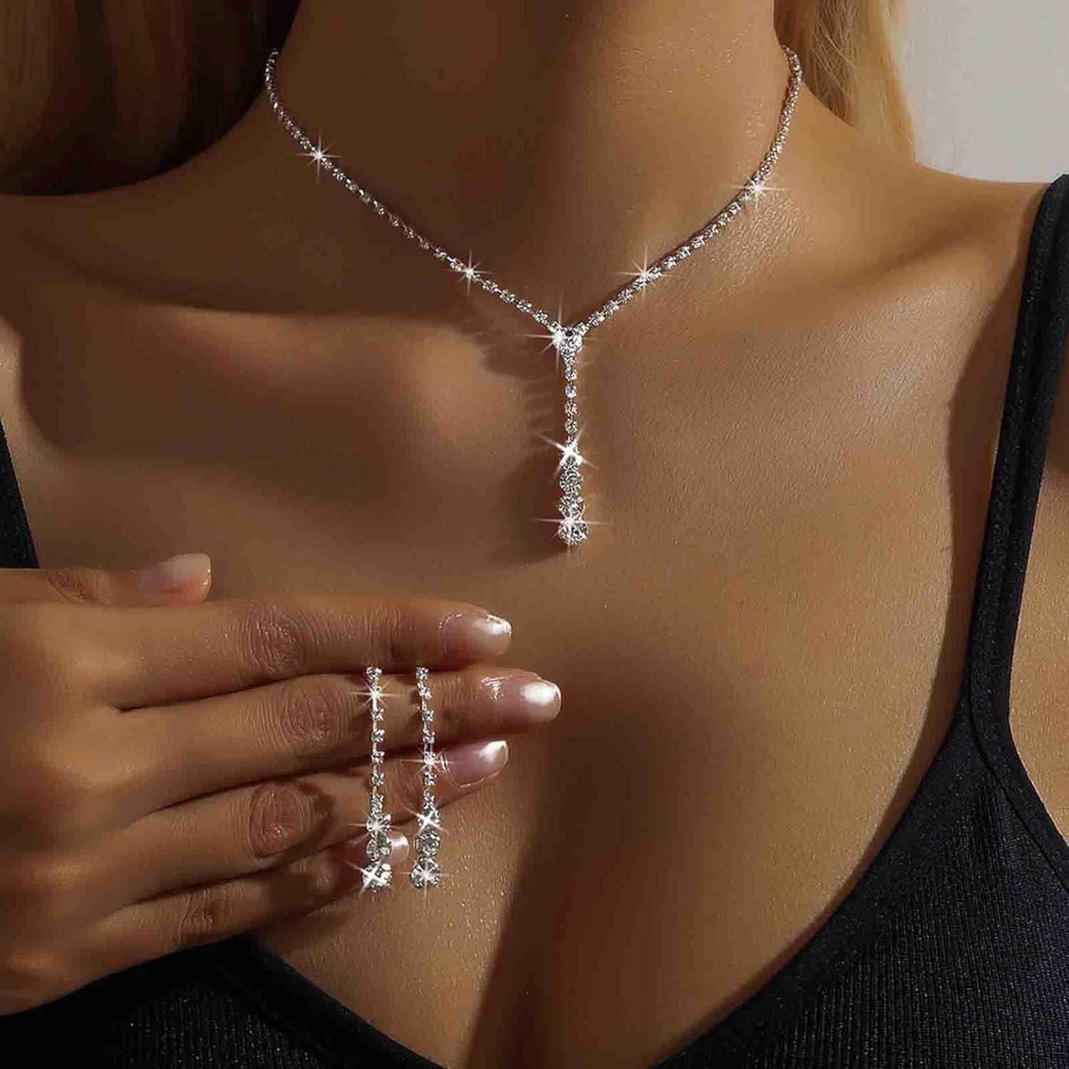 Wedding Necklace and Earring Set Silver Long Rhinestone Dangle Earrings Dainty Diamond Cubic Zirconia Bridal Chain Sparkly Crystal Tiny Y Drop Lariat Cz Pendant Choker Statement Bridesmaid for Women