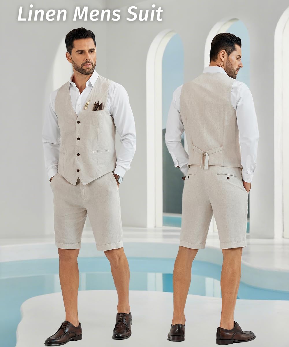 Mens Linen 2 Piece Suit Slim Fit Wedding Groom Groomsmen Summer Vest Shorts Set