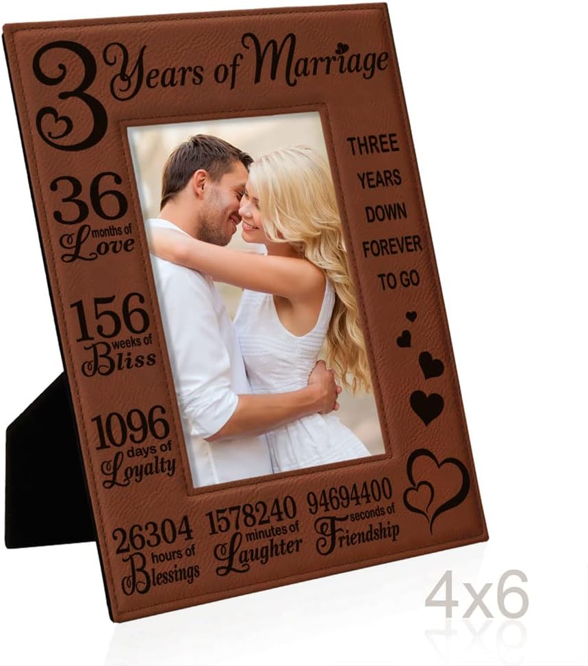 KATE POSH 3rd Anniversary Engraved Rawhide Leather Picture Frame (4×6-Vertical)