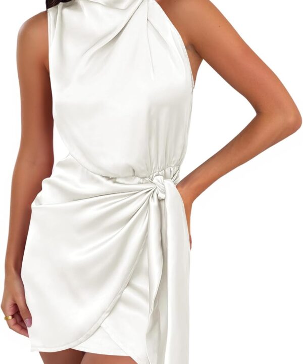 ZESICA Women's 2026 Fashion Satin Sleeveless Halter Neck Tie Waist Wrap Bodycon Cocktail Party Mini Dress