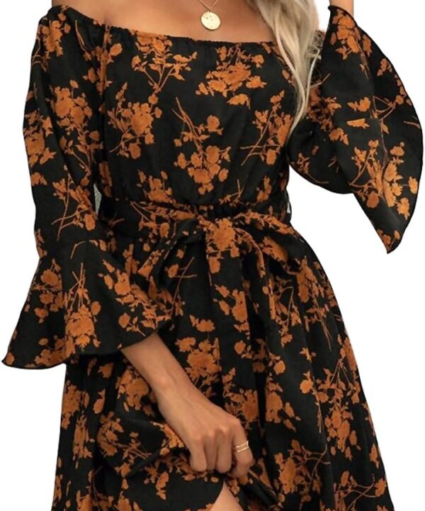 Womens Off Shoulder Ruffle Floral Summer Wedding Guest Dresses A Line Shift Short Skater Dress with Belt