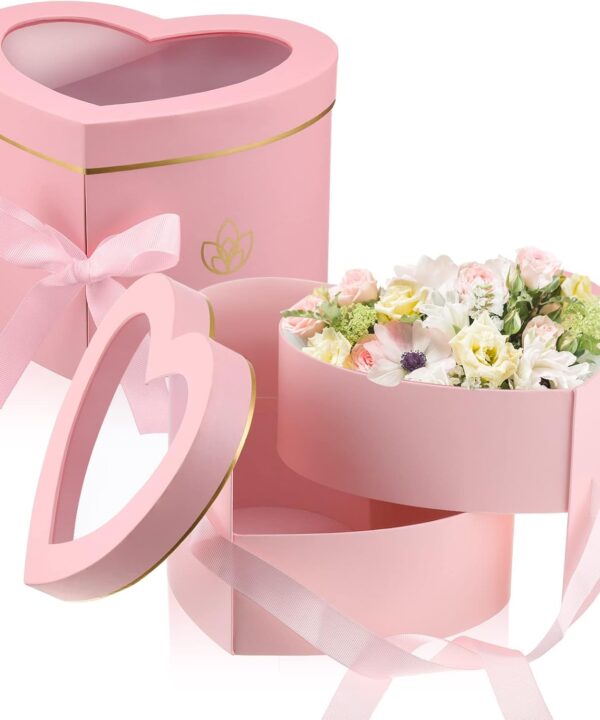 Nuanchu 2 Pcs Valentines Day Heart Shaped Flower Box with Transparent Window Paper Floral Boxes with Lids Ribbons Double Layers Rotating Gift Box for Arrangements, 9.1 x 7.9 x 6.5 Inch(Pink)
