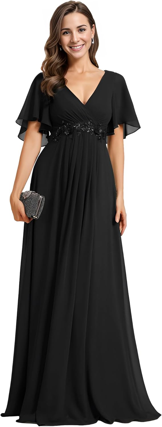 Ever-Pretty Women's Bridesmaid Dresses V-Neck Flutter Sleeve Long Chiffon A-Line Appliqued Waist Formal Dress