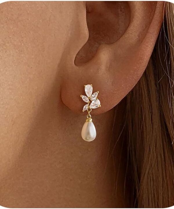 Pearl Earrings for Women,Dainty 14k Gold Plated Pearl Drop Earring Gold Bridal Dangle Earring Small Cute Stud Earring Wedding Dangle Earrings for Women Trendy Pearls Jewelry Bridesmaid Gifts Stuff