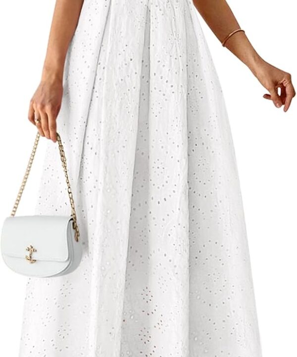 PRETTYGARDEN Womens Sleeveless Maxi Summer Dresses 2026 Hollow Out Eyelet Square Neck Ruffle Flowy Beach Vacation Sundress