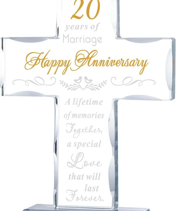 YWHL 20th Anniversary Religious Gifts for Couple, Laser Engraved Glass Standing Cross Keepsake for Him, 20 Years Wedding Anniversary Cross Gifts for Her