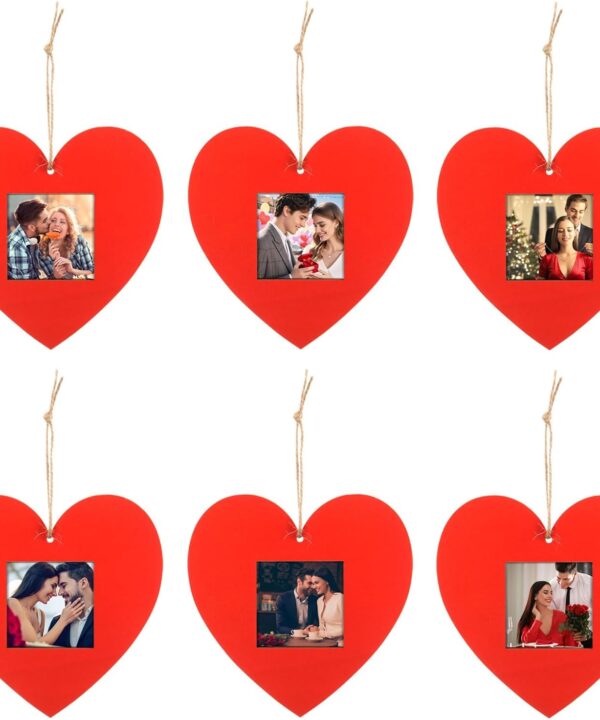 MixTeach 24 Pack Valentine Picture Frame Hanging Ornaments, Heart Wooden Photo Frames with Hemp Rope, 4.7 x 4.7 Wood Blank Heart Shape DIY Valentines Day Decorations for Home Party Wedding, Red