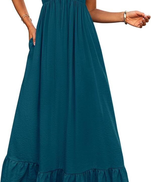 BTFBM Womens Spring Dresses 2026 Casual Short Sleeve V Neck Drawstring Wedding Guest Maxi Dresses Boho Beach Long Dress