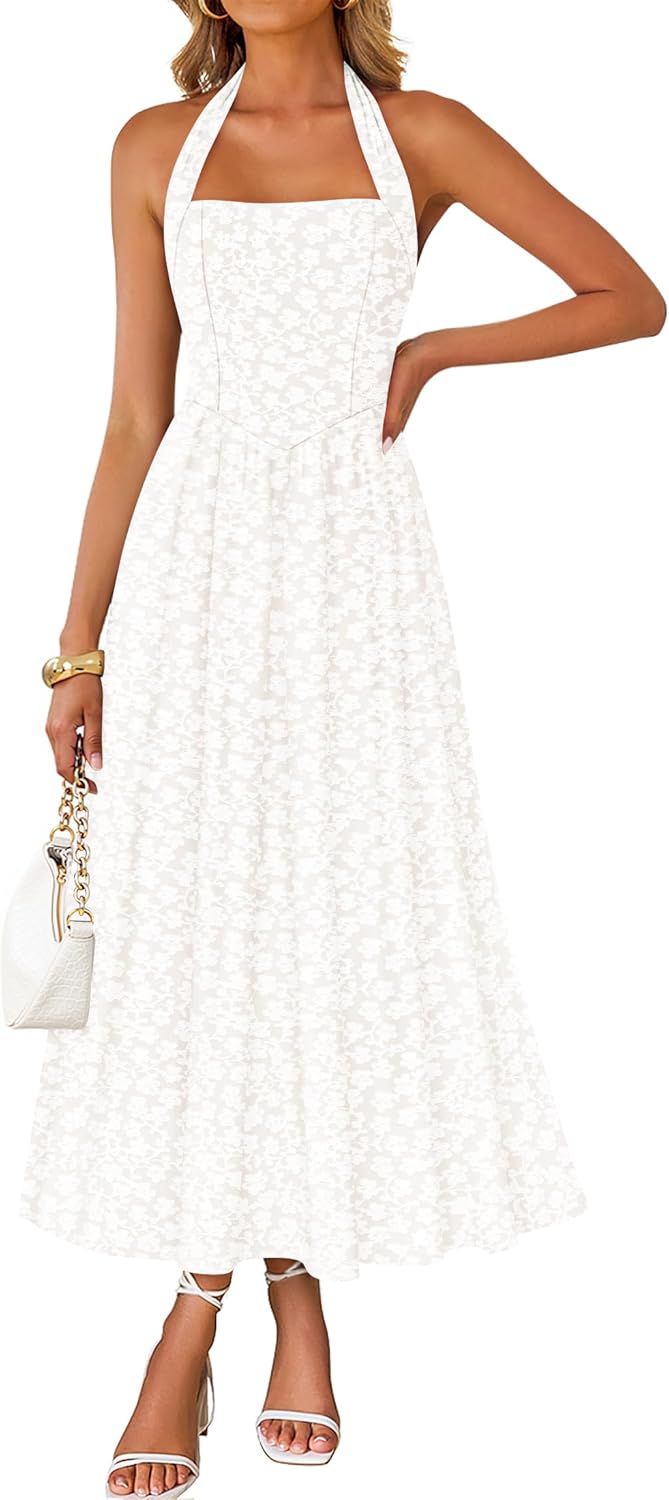 ZESICA Women's Summer Sleeveless Floral Midi Dresses 2026 Halter Neck Wedding Guest Cocktail Party Flowy A Line Long Dress