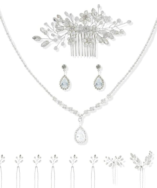13 Pcs Wedding Jewelry Set, Rhinestone Necklace Earrings Hair Comb Pins Silver Crystal Bridal Accessories for Women Bride Bridesmaid Prom Party