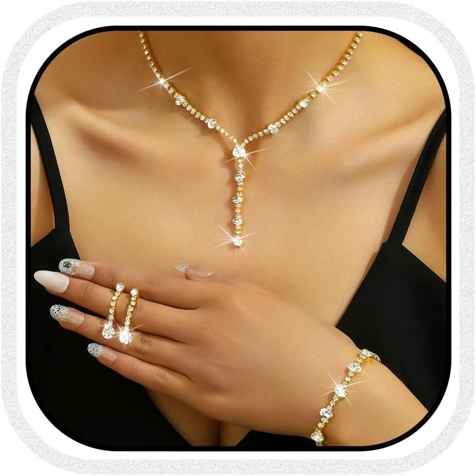 Unicra Rhinestone Bride Necklace Earrings Set Silver Crystal Bridal Wedding Jewelry Sets Prom Costume Jewelry Set Party Choker Necklace for Women and Brides