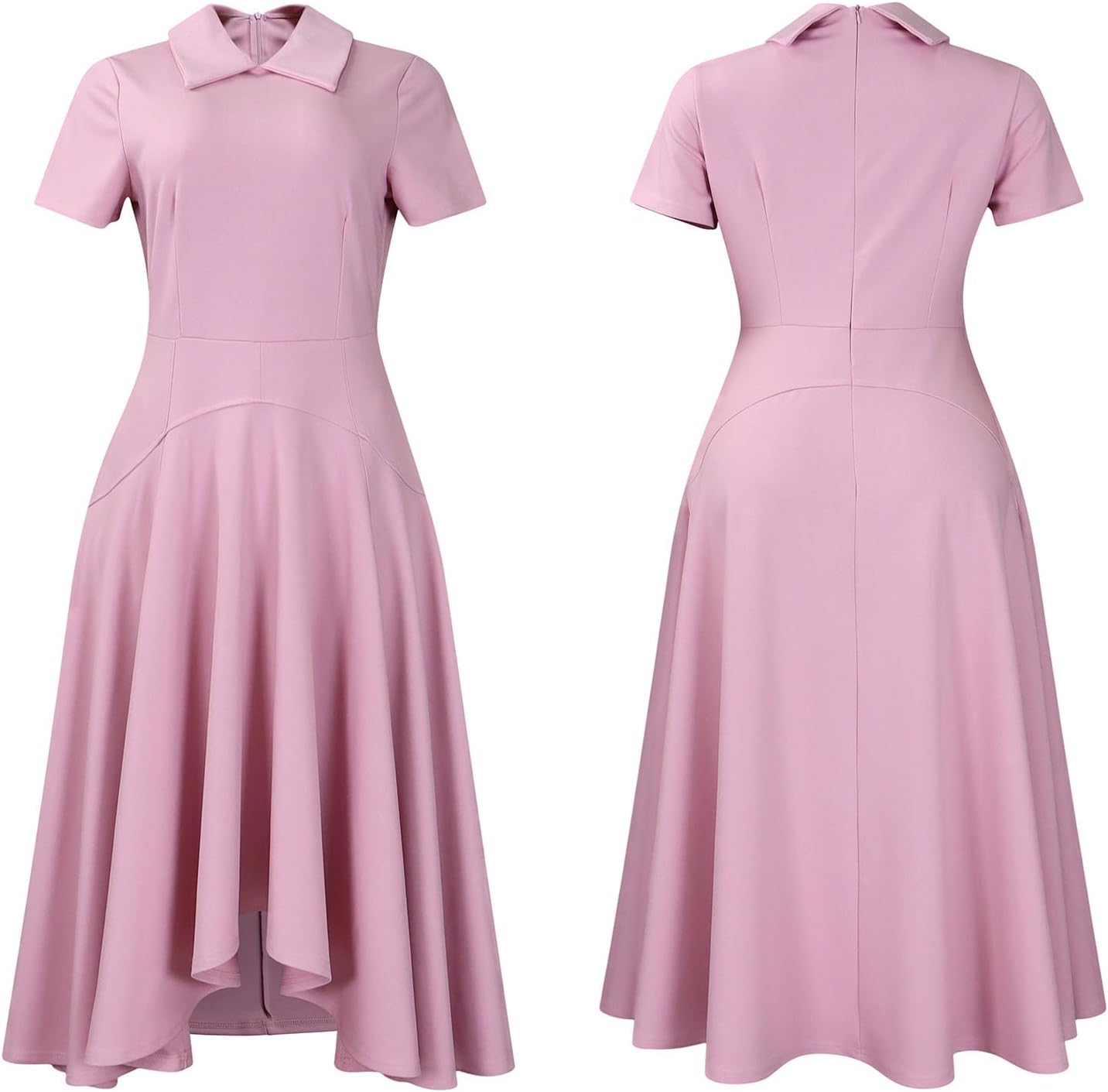Voghtic Womens Collared Short Sleeve Midi Dress: Ruched Waist Asymmetrical Hem Elegant Casual Work Dress