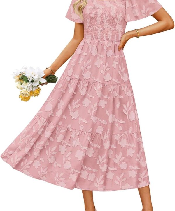 ZESICA Womens Summer Boho Floral Midi Dress 2026 Casual Short Sleeve Square Neck Flowy Beach Vacation Long Dress