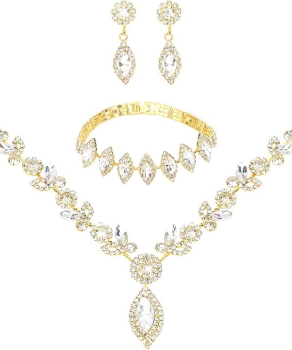 yuxiaoyu Bridal Jewelry Set for Wedding Prom Jewelry Set for Women Sparkly Rhinestone Necklace Earrings Bracelet Sets for Bride Bridesmaid Quinceanera Costume Accessories