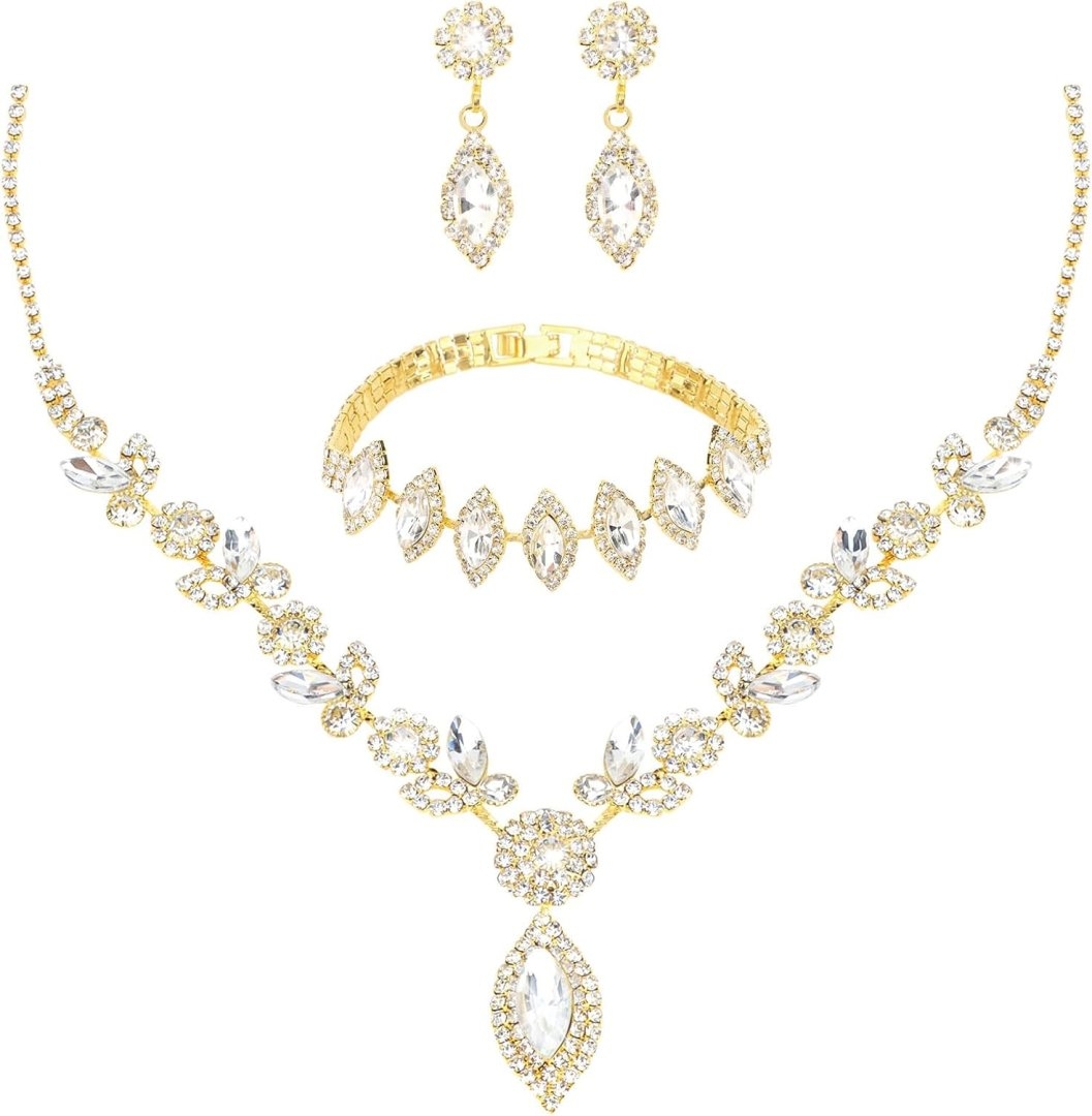 yuxiaoyu Bridal Jewelry Set for Wedding Prom Jewelry Set for Women Sparkly Rhinestone Necklace Earrings Bracelet Sets for Bride Bridesmaid Quinceanera Costume Accessories