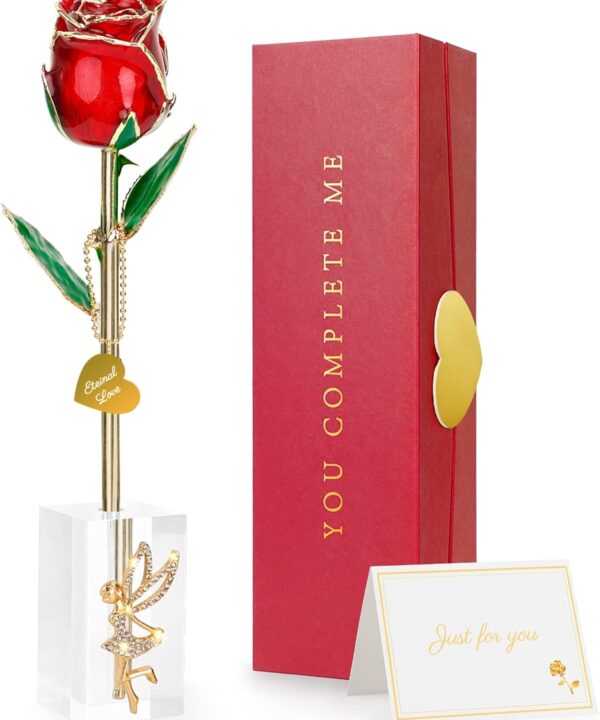 ihoomee Valentine Gift Real Rose Dipped 24K Gold Best Valentines Rose Gift for Her Wife Mother WomenForever 24k Rose with Crystal Stand-Red