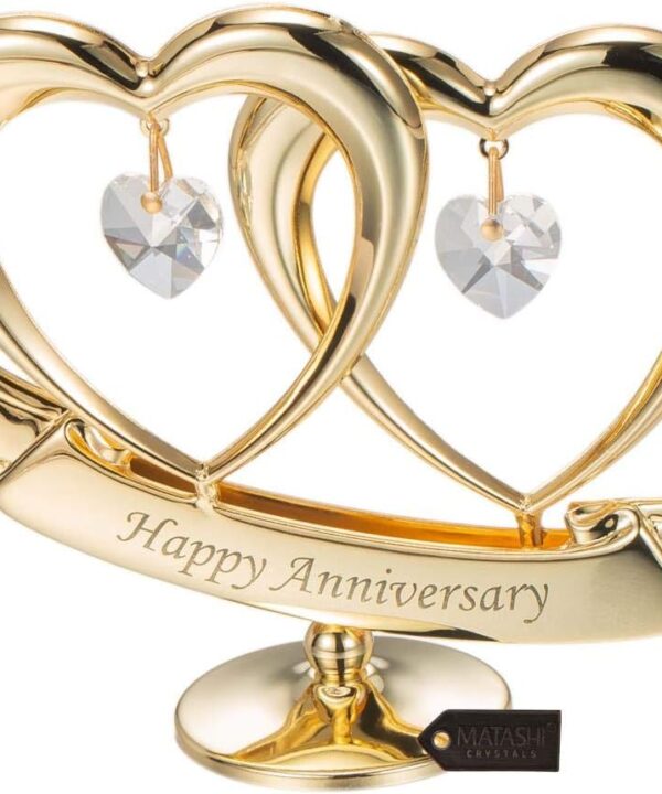Matashi 24K Gold Plated Anniversary Heart Sculpture with Crystals  Double Heart Statue - Perfect Christmas and Holiday Gift and Premium Quality Cake Topper
