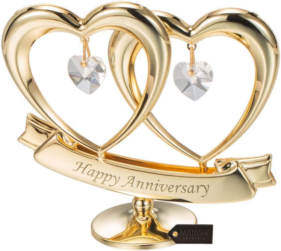 Matashi 24K Gold Plated Anniversary Heart Sculpture with Crystals Double Heart Statue - Perfect Christmas and Holiday Gift and Premium Quality Cake Topper