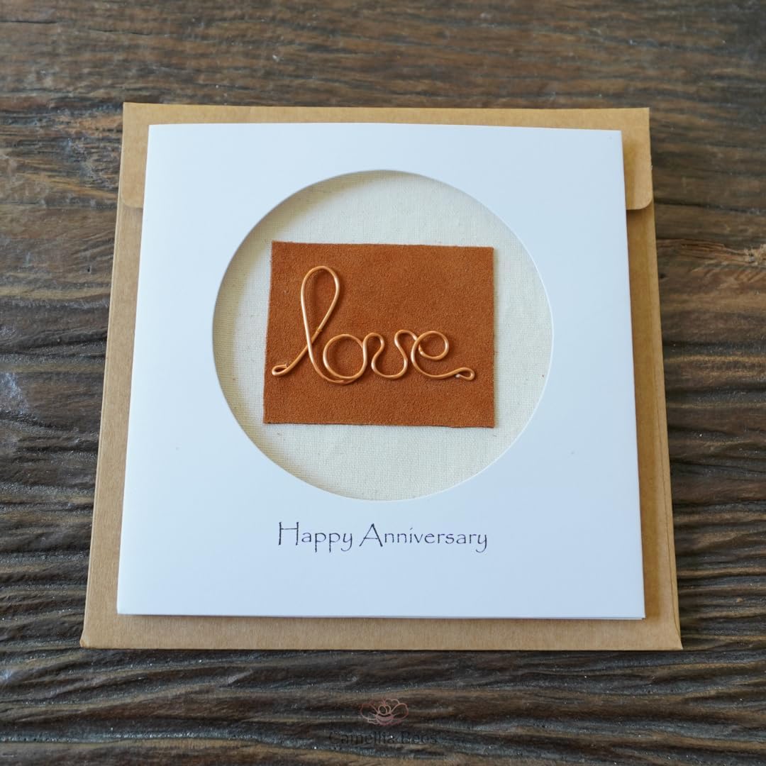 Camellia Bees Copper 7th Wedding Card – Copper Wire Love Card For Her Him, Handmade Card for Happy Couple, Wife, Husband on Valentines day, wedding anniversary (07th)