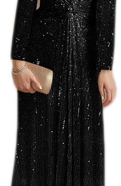 meilun Long Sleeve Sequin Dress for Women Formal Gowns Sparkly V Neck Maxi Dress