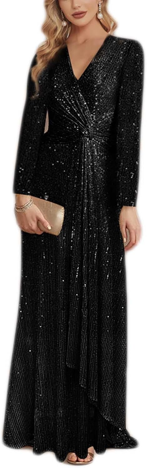 meilun Long Sleeve Sequin Dress for Women Formal Gowns Sparkly V Neck Maxi Dress