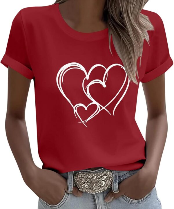 Valentines Tshirts for Women Short Sleeve Casual Round Neck Tee Tops Fashion Heart Graphic Cute Printed Clothes