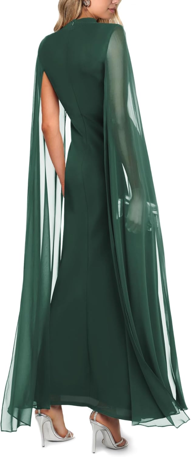 Aisbei Womens Elegant Mock Neck Slit Ruffle Bodycon Maxi Dress Evening Gowns Party Formal Wedding Guest Dresses with Cape