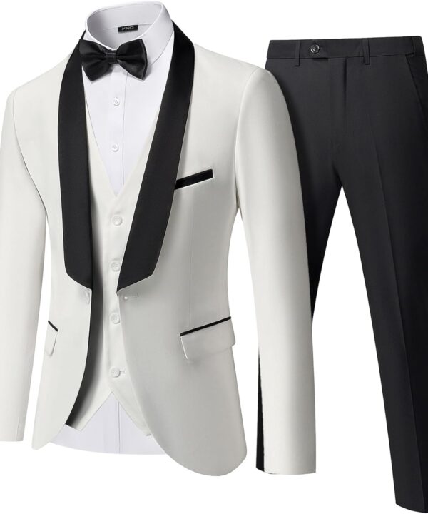YND Men's 3 Piece Slim Fit Tuxedo Suit Set, One Button Shawl Lapel Solid Blazer, Jacket Vest Pants with Bow Tie
