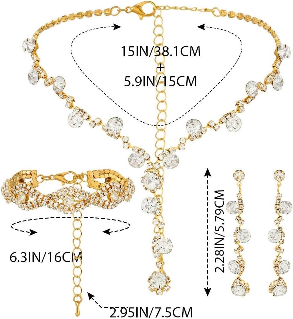Sixexey Rhinestone Jewelry Set Sparkly Prom Jewelry Necklace Wedding Necklace Jewelry Accessories for Women (Gold)