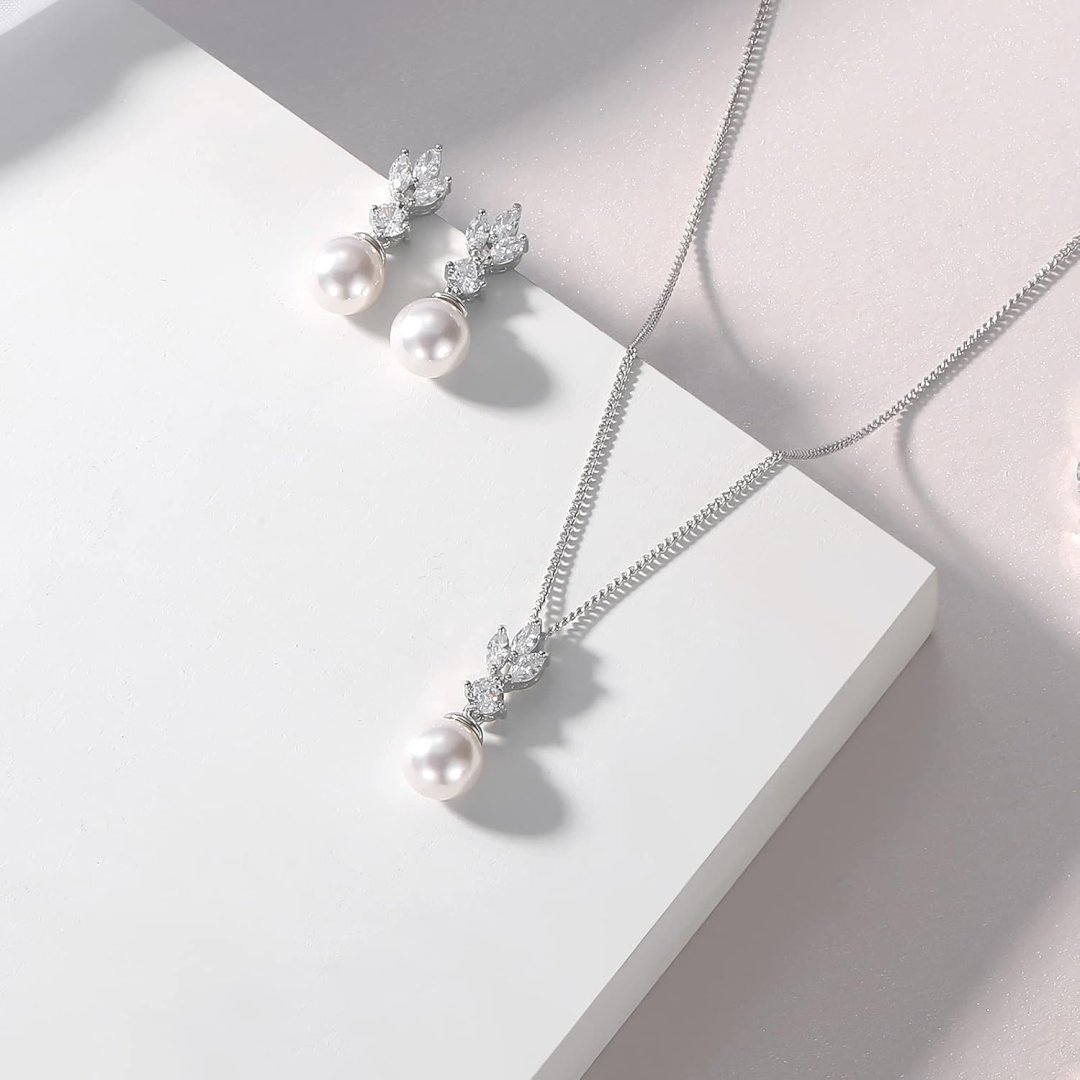 Wedding Jewelry for Bride Bridesmaid, Pearl Dangle Earrings and Pendant Necklace Set Bridal Jewelry for Promise Wedding Party
