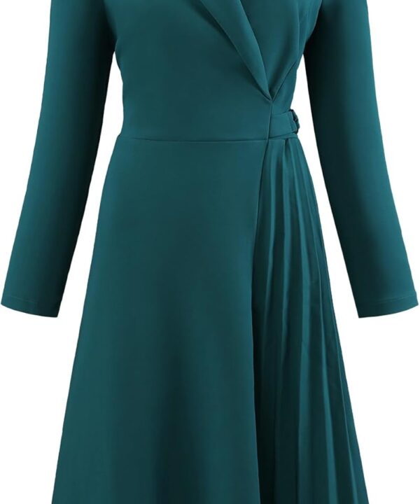 Hobemty Women's Wrap Dress A-Line Pleated Midi Long Sleeve Dresses