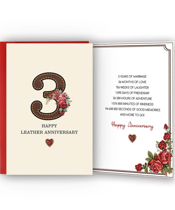 Bestmelo 3 Year Anniversary Card,3rd Anniversary Card Gifts,Third Year Wedding Anniversary Day Gifts,Happy Leather Anniversary,8x5.3 Inches,Double-Sided