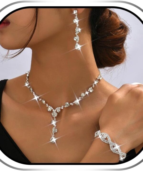 JAKAWIN Prom Wedding Jewelry Set Silver Rhinestone Necklace for Women