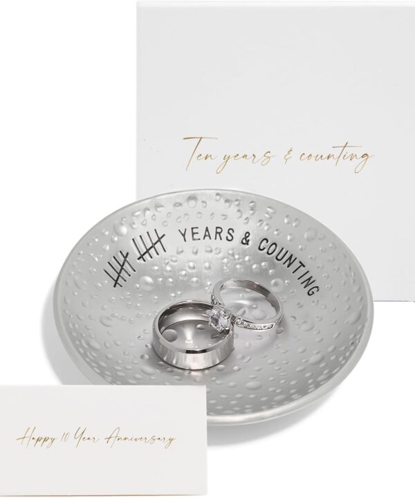 10th Anniversary Tin Gifts  4 In., Engraved, Aluminum Wedding Ring Holder Dish & Gift Box  10 Year Wedding Gift for Him & 10 Year Anniversary for Her Textured Style