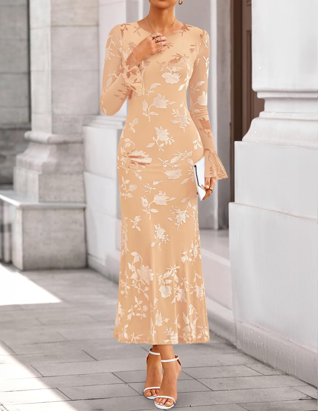 ZESICA Womens 2026 Bell Long Sleeve Floral Maxi Dress Fall Fashion Bodycon Mesh Wedding Guest Cocktail Party Dresses