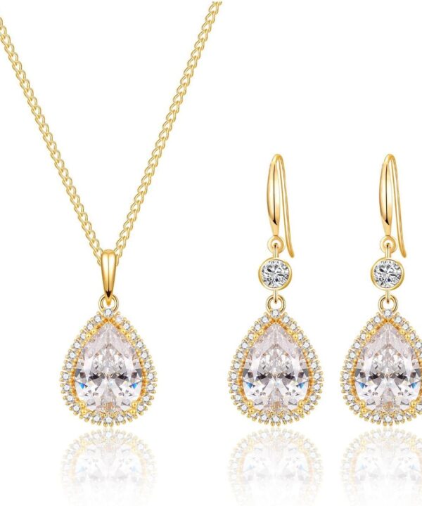GULICX Crystal Jewelry Set for Women, Teardrop Statement Necklace and Sterling Silver Dangling Earrings Set, Wedding Prom Party Jewelry for Mother Bride Bridesmaids