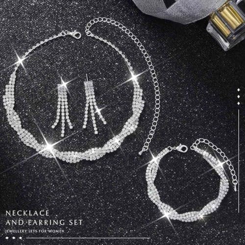 Unicra Wedding Jewelry Sets Silver Rhinestone Necklace Earrings Bracelet Sets Prom Jewelry Accessories for Women and Brides