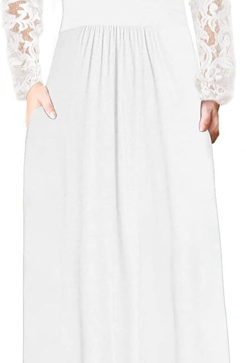 AUSELILY Womens Long Sleeve Maxi Dress 2026 Fall Lace Long Sleeve Dress V Neck Wrap Waist Long Dresses with Pockets