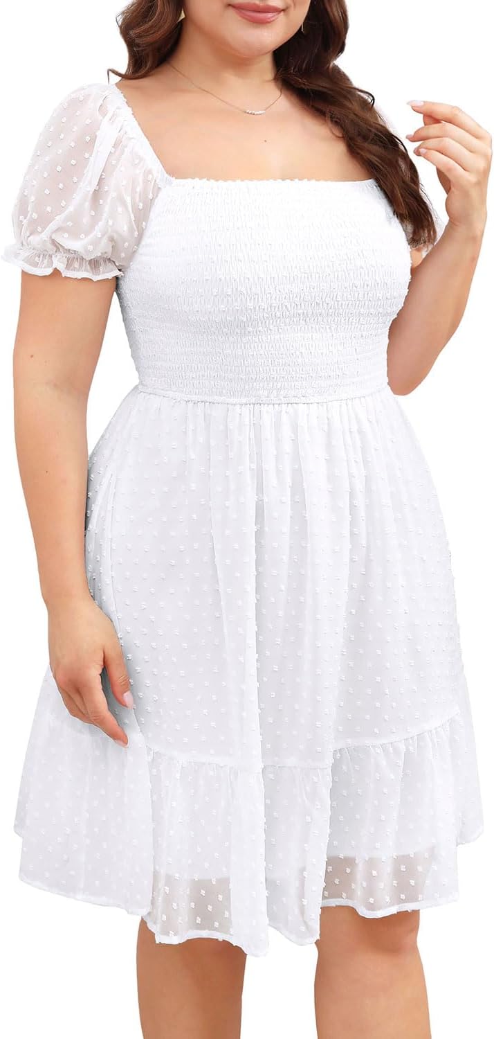 Women Plus Size Square Neck Puff Sleeve Babydoll Summer Chiffon Swiss Dot Flowy Short Smocked Dress